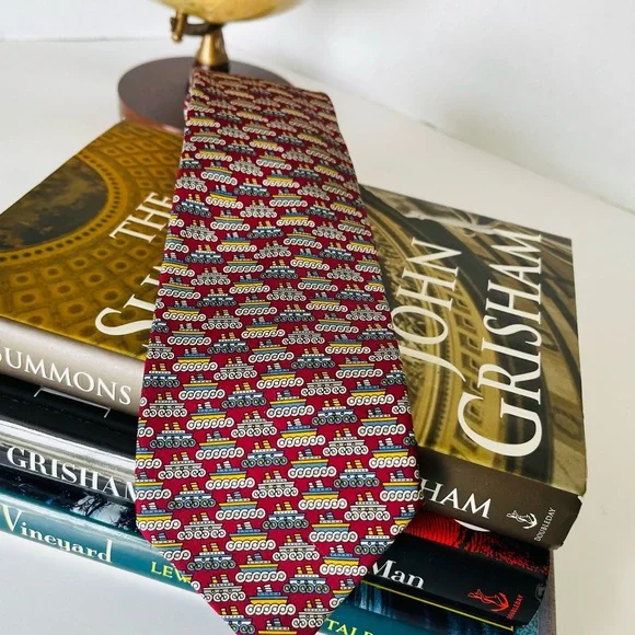 SALVATORE FERRAGAMO Silk Necktie “Tug Boat” Print Tipped Burgundy Gray 58.5x3.5 - Picture 10 of 10